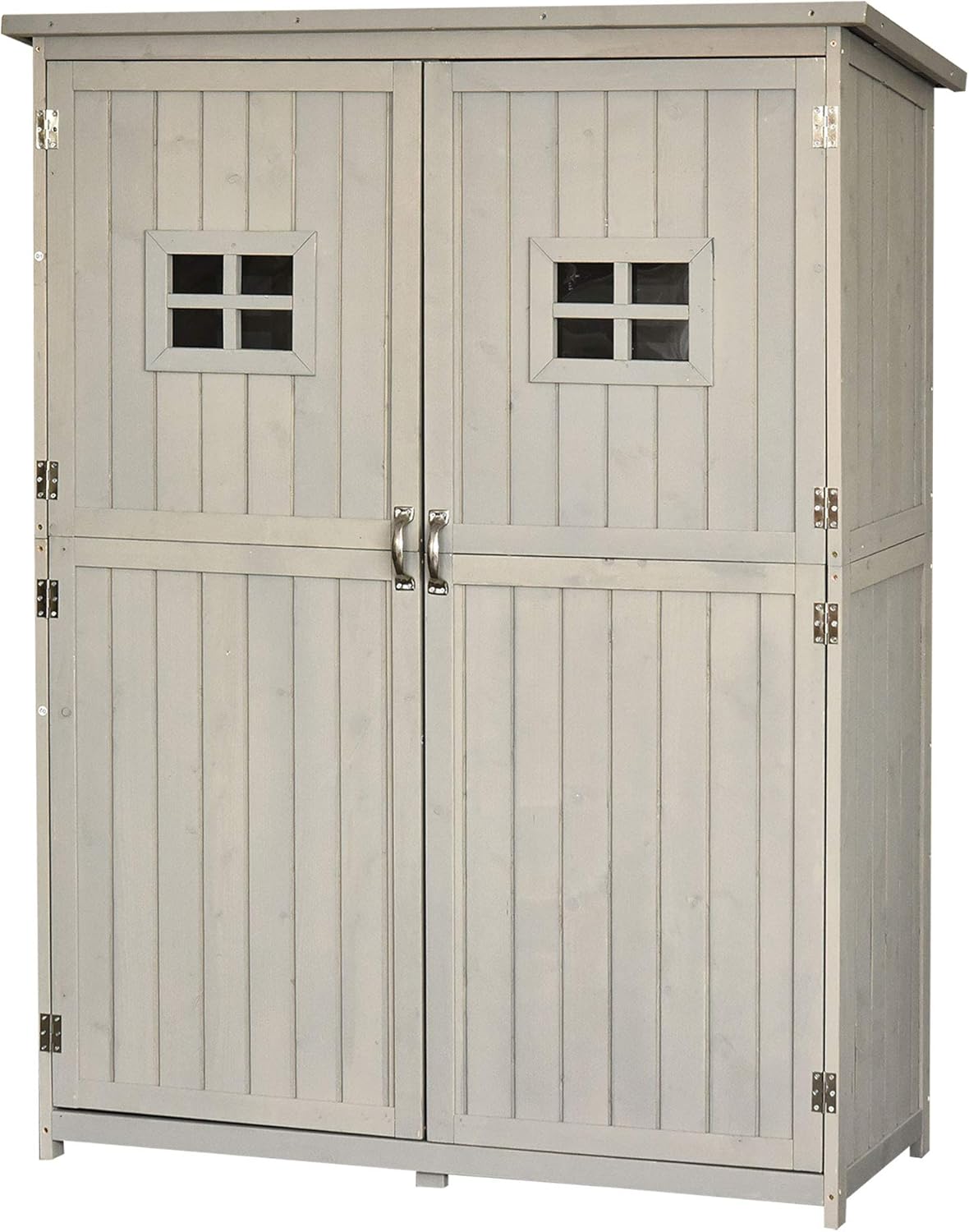 Outsunny Casetta da Giardino in Legno di Abete con Porta Doppia, Capanno Attrezzi con Mensole e Finestre, 127.5x50x164cm Grigio Chiaro